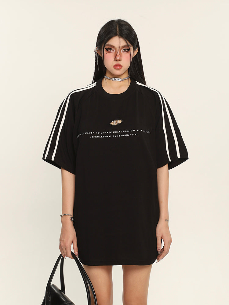 Antmvs Alexandra Solid Color Graphic Letter Print Metal Design Short Stripe Sleeve Baggy Tee Top