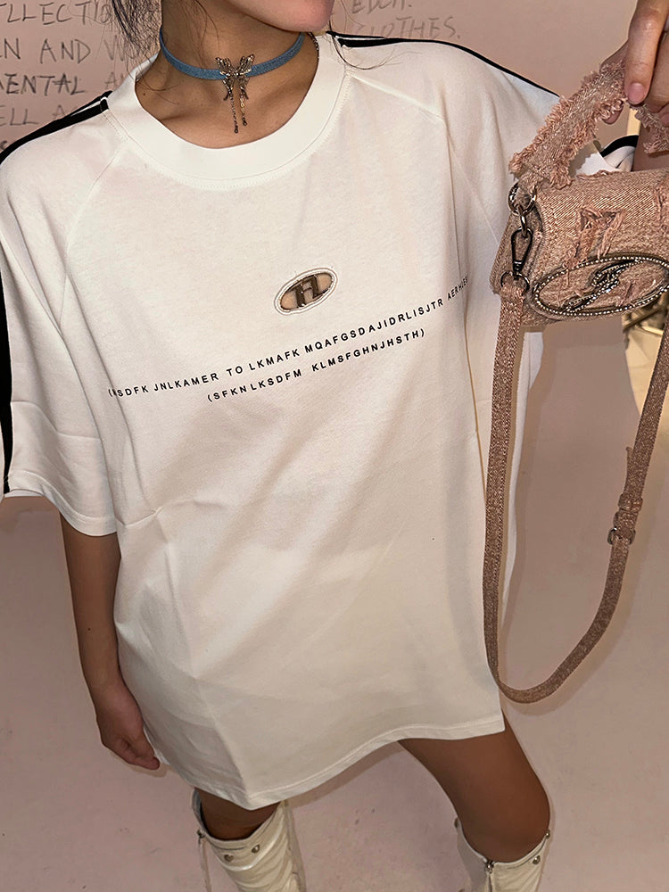 Antmvs Alexandra Solid Color Graphic Letter Print Metal Design Short Stripe Sleeve Baggy Tee Top