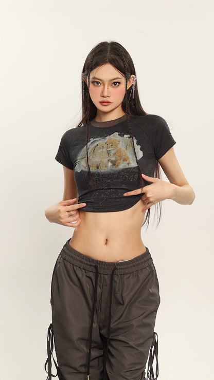 Antmvs Bunny x Kitten Graphic Image Print Short Sleeve Cropped Top