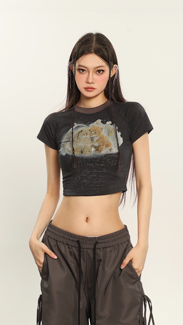 Antmvs Bunny x Kitten Graphic Image Print Short Sleeve Cropped Top