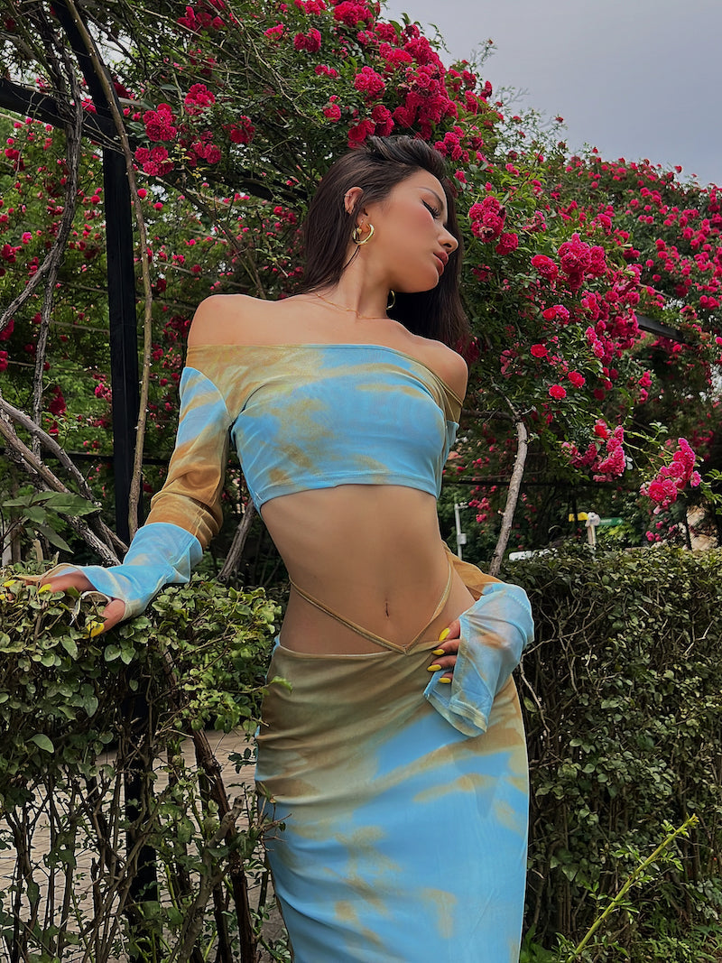 Antmvs Brenda Tie-dye Long Sleeve Slim Cropped Top + Drawstring High Waist Slim Long Skirt Matching Set