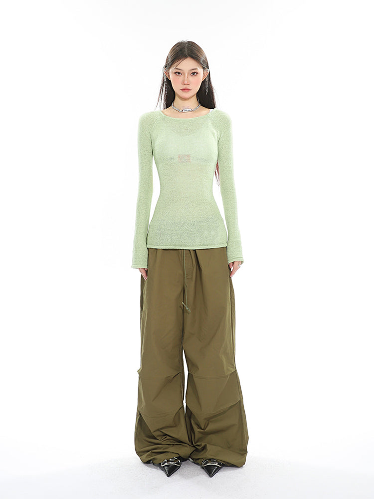 Antmvs Taira Solid Color Slightly See Through Long Sleeve Round Neck Slim Top