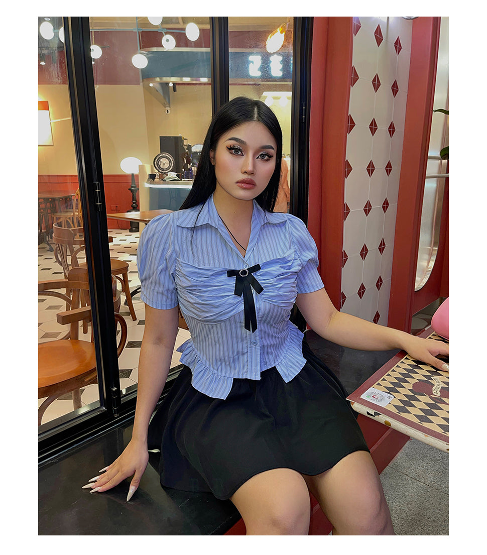 Antmvs Jennie Plus Size Blue Stripe Short Sleeve Bow Silver Brooch Button Up Top + Plus Size Solid Color High Waist Pleated Mini Skirt Cute Matching Set