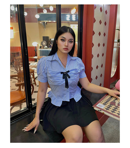 Antmvs Jennie Plus Size Blue Stripe Short Sleeve Bow Silver Brooch Button Up Top + Plus Size Solid Color High Waist Pleated Mini Skirt Cute Matching Set