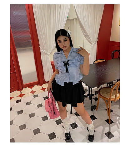 Antmvs Jennie Plus Size Blue Stripe Short Sleeve Bow Silver Brooch Button Up Top + Plus Size Solid Color High Waist Pleated Mini Skirt Cute Matching Set