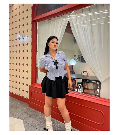 Antmvs Jennie Plus Size Blue Stripe Short Sleeve Bow Silver Brooch Button Up Top + Plus Size Solid Color High Waist Pleated Mini Skirt Cute Matching Set