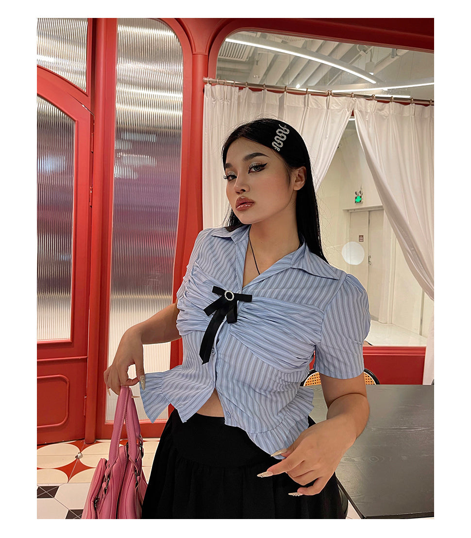 Antmvs Jennie Plus Size Blue Stripe Short Sleeve Bow Silver Brooch Button Up Top + Plus Size Solid Color High Waist Pleated Mini Skirt Cute Matching Set