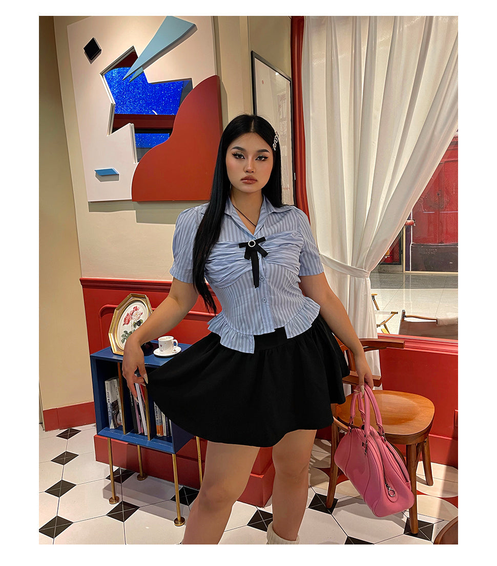 Antmvs Jennie Plus Size Blue Stripe Short Sleeve Bow Silver Brooch Button Up Top + Plus Size Solid Color High Waist Pleated Mini Skirt Cute Matching Set