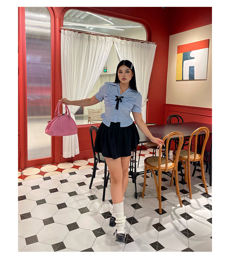 Antmvs Jennie Plus Size Blue Stripe Short Sleeve Bow Silver Brooch Button Up Top + Plus Size Solid Color High Waist Pleated Mini Skirt Cute Matching Set