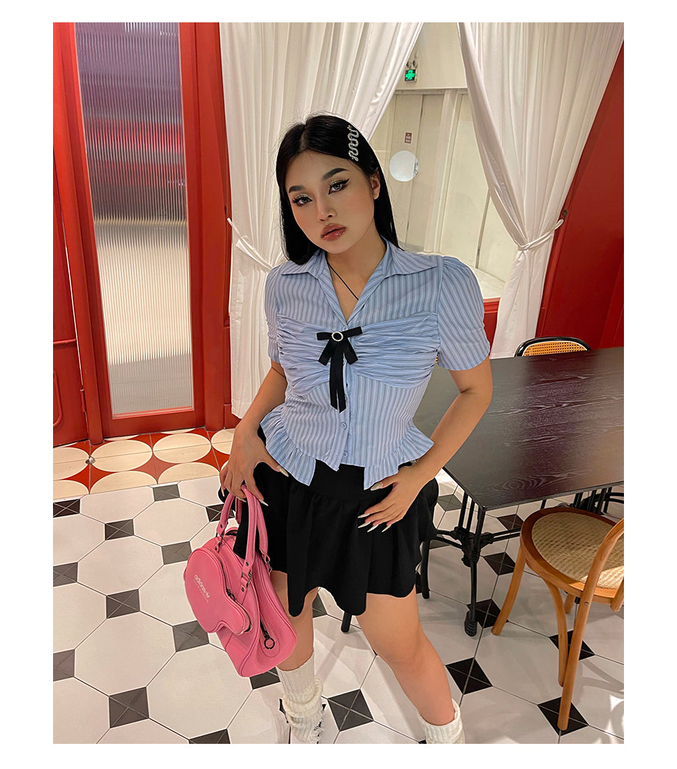 Antmvs Jennie Plus Size Blue Stripe Short Sleeve Bow Silver Brooch Button Up Top + Plus Size Solid Color High Waist Pleated Mini Skirt Cute Matching Set