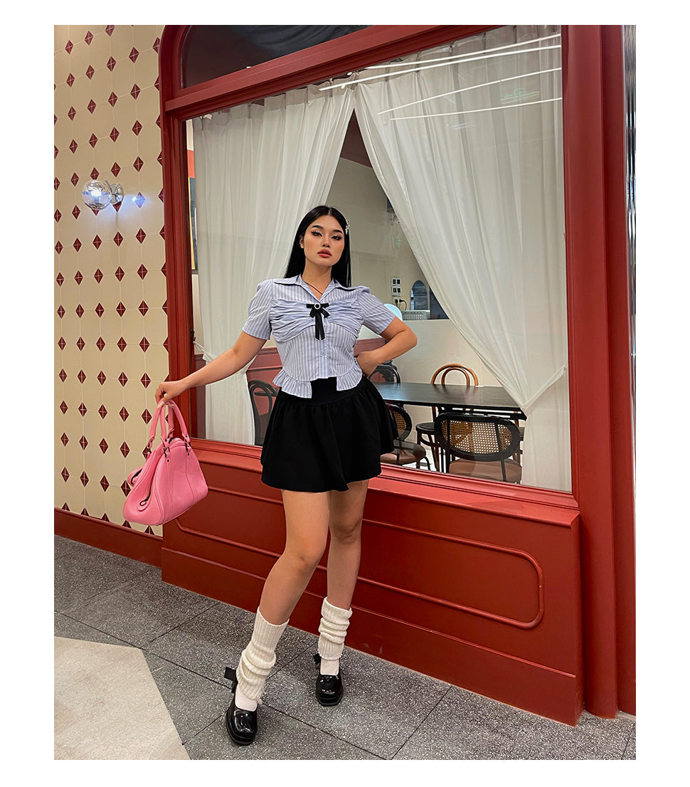 Antmvs Jennie Plus Size Blue Stripe Short Sleeve Bow Silver Brooch Button Up Top + Plus Size Solid Color High Waist Pleated Mini Skirt Cute Matching Set