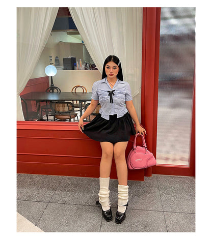 Antmvs Jennie Plus Size Blue Stripe Short Sleeve Bow Silver Brooch Button Up Top + Plus Size Solid Color High Waist Pleated Mini Skirt Cute Matching Set