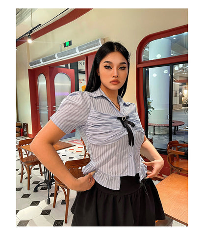 Antmvs Jennie Plus Size Blue Stripe Short Sleeve Bow Silver Brooch Button Up Top + Plus Size Solid Color High Waist Pleated Mini Skirt Cute Matching Set