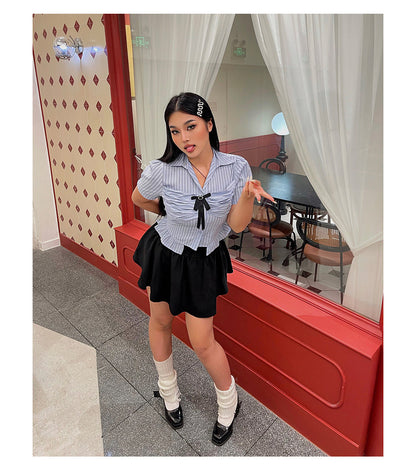 Antmvs Jennie Plus Size Blue Stripe Short Sleeve Bow Silver Brooch Button Up Top + Plus Size Solid Color High Waist Pleated Mini Skirt Cute Matching Set