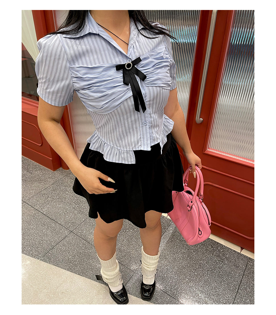 Antmvs Jennie Plus Size Blue Stripe Short Sleeve Bow Silver Brooch Button Up Top + Plus Size Solid Color High Waist Pleated Mini Skirt Cute Matching Set