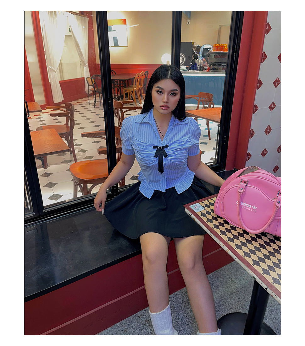 Antmvs Jennie Plus Size Blue Stripe Short Sleeve Bow Silver Brooch Button Up Top + Plus Size Solid Color High Waist Pleated Mini Skirt Cute Matching Set