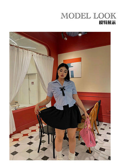 Antmvs Jennie Plus Size Blue Stripe Short Sleeve Bow Silver Brooch Button Up Top + Plus Size Solid Color High Waist Pleated Mini Skirt Cute Matching Set