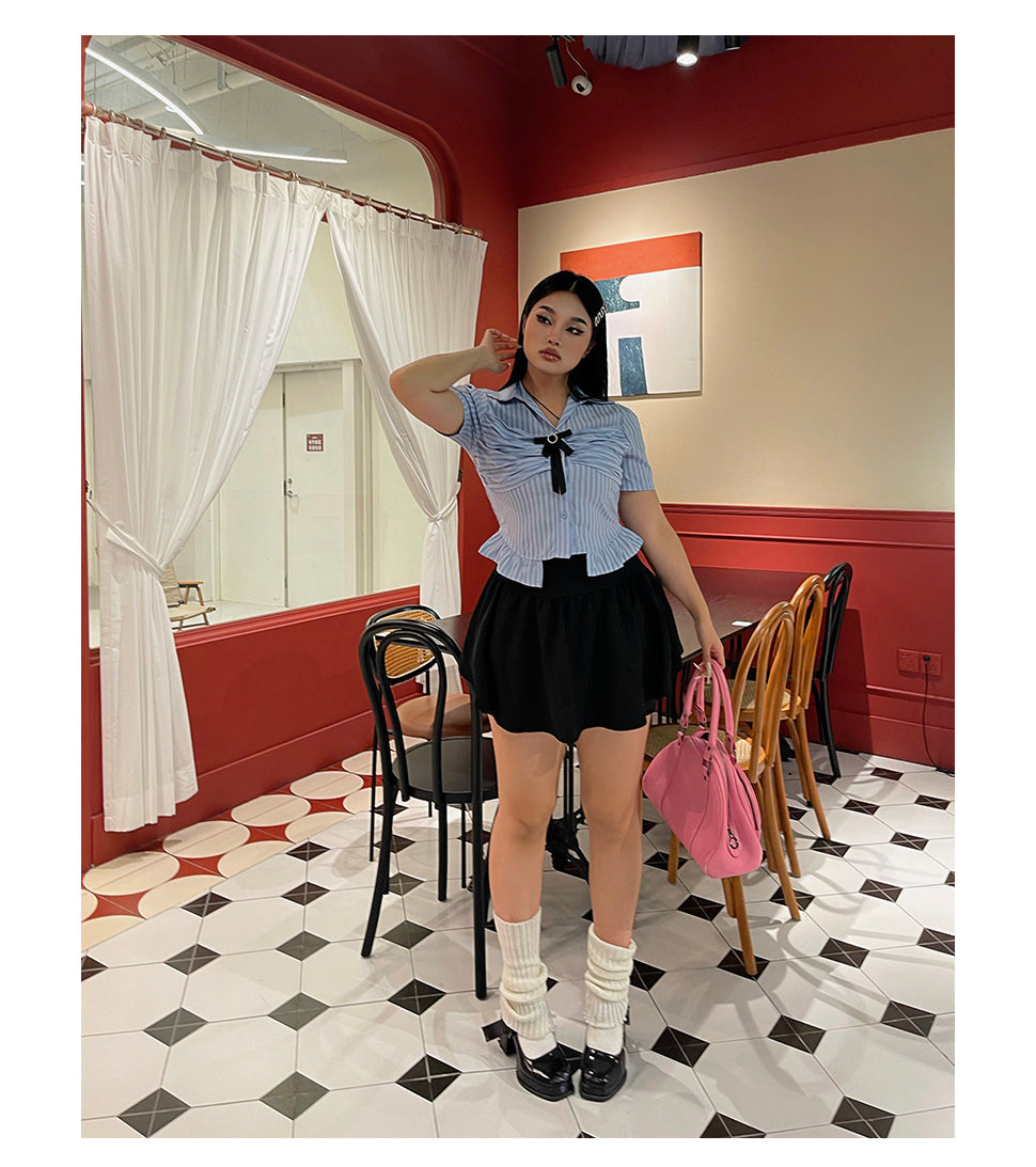 Antmvs Jennie Plus Size Blue Stripe Short Sleeve Bow Silver Brooch Button Up Top + Plus Size Solid Color High Waist Pleated Mini Skirt Cute Matching Set