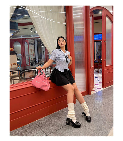 Antmvs Jennie Plus Size Blue Stripe Short Sleeve Bow Silver Brooch Button Up Top + Plus Size Solid Color High Waist Pleated Mini Skirt Cute Matching Set