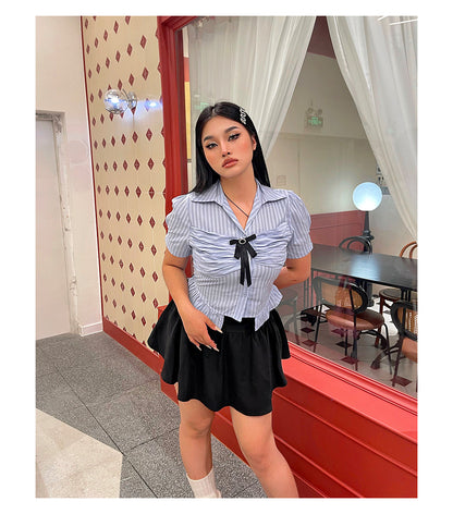 Antmvs Jennie Plus Size Blue Stripe Short Sleeve Bow Silver Brooch Button Up Top + Plus Size Solid Color High Waist Pleated Mini Skirt Cute Matching Set