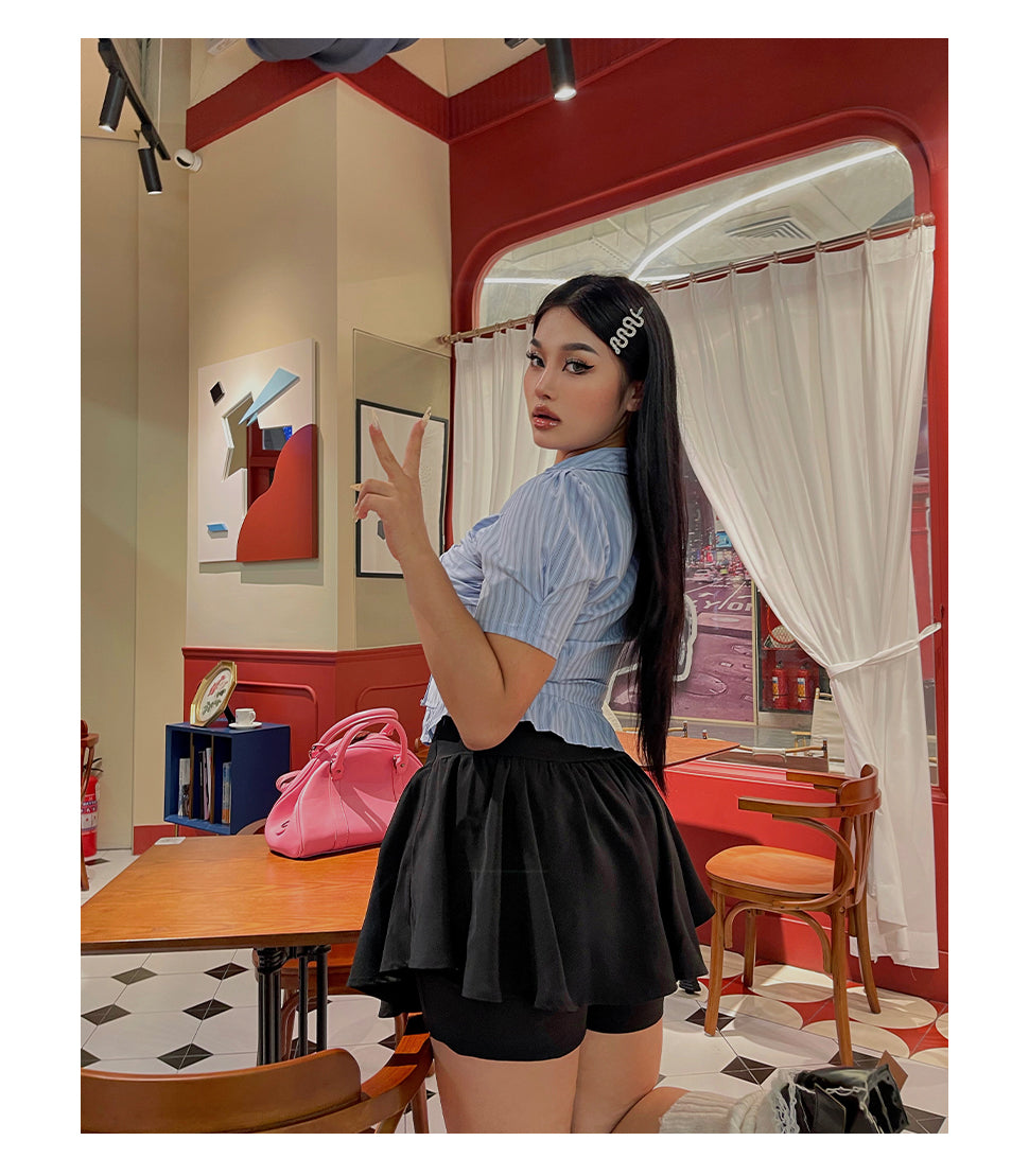 Antmvs Jennie Plus Size Blue Stripe Short Sleeve Bow Silver Brooch Button Up Top + Plus Size Solid Color High Waist Pleated Mini Skirt Cute Matching Set