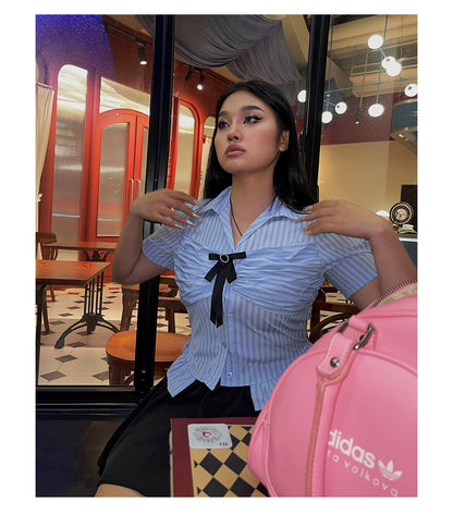 Antmvs Jennie Plus Size Blue Stripe Short Sleeve Bow Silver Brooch Button Up Top + Plus Size Solid Color High Waist Pleated Mini Skirt Cute Matching Set