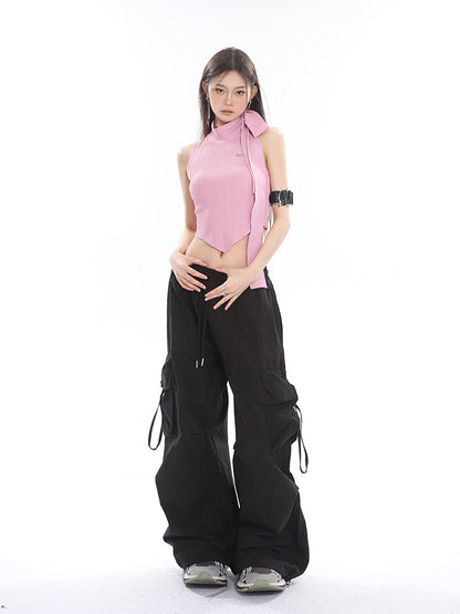 Antmvs Jubeelien Solid Color Turtleneck Sleeveless Neck Tie Ribbed Slim Irregular Shape Cropped Top