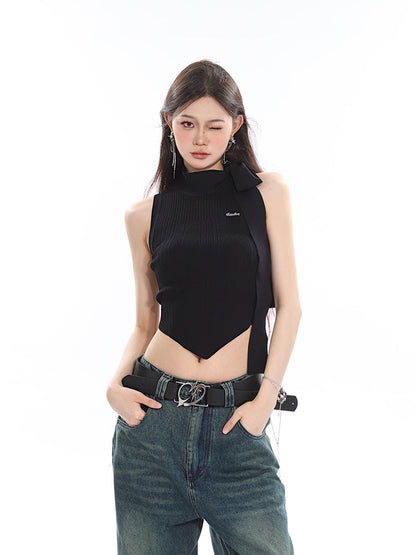 Antmvs Jubeelien Solid Color Turtleneck Sleeveless Neck Tie Ribbed Slim Irregular Shape Cropped Top