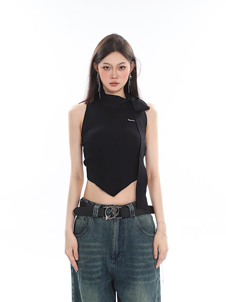 Antmvs Jubeelien Solid Color Turtleneck Sleeveless Neck Tie Ribbed Slim Irregular Shape Cropped Top