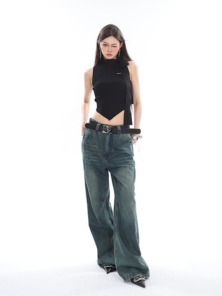 Antmvs Jubeelien Solid Color Turtleneck Sleeveless Neck Tie Ribbed Slim Irregular Shape Cropped Top