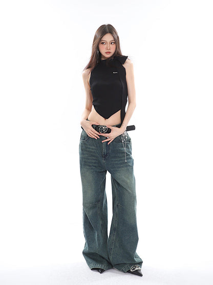 Antmvs Jubeelien Solid Color Turtleneck Sleeveless Neck Tie Ribbed Slim Irregular Shape Cropped Top