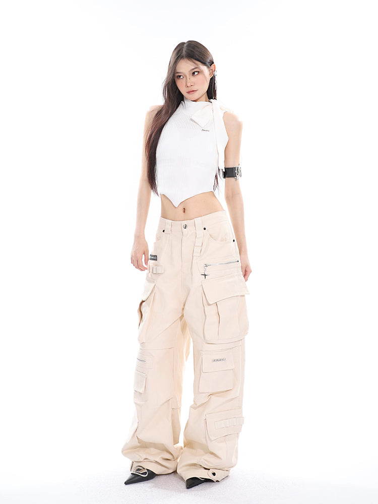 Antmvs Jubeelien Solid Color Turtleneck Sleeveless Neck Tie Ribbed Slim Irregular Shape Cropped Top