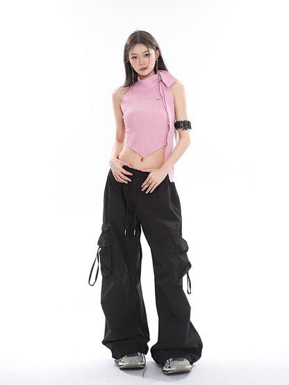 Antmvs Jubeelien Solid Color Turtleneck Sleeveless Neck Tie Ribbed Slim Irregular Shape Cropped Top