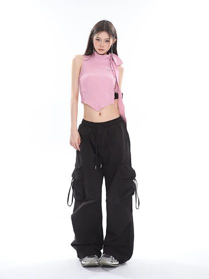 Antmvs Jubeelien Solid Color Turtleneck Sleeveless Neck Tie Ribbed Slim Irregular Shape Cropped Top