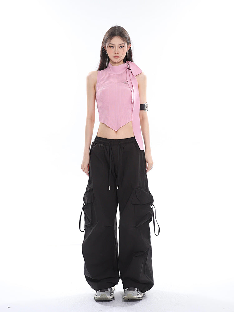 Antmvs Jubeelien Solid Color Turtleneck Sleeveless Neck Tie Ribbed Slim Irregular Shape Cropped Top