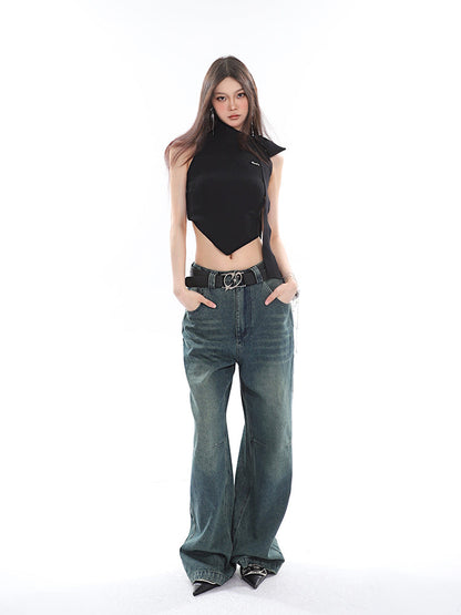 Antmvs Jubeelien Solid Color Turtleneck Sleeveless Neck Tie Ribbed Slim Irregular Shape Cropped Top