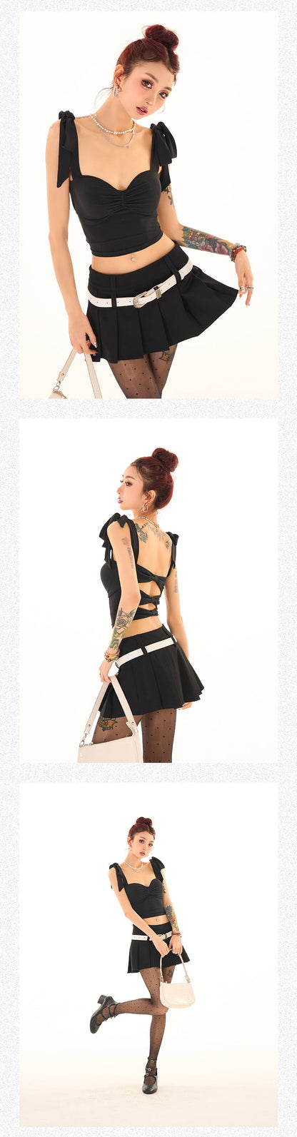 Antmvs Nora Solid Color Black Ribbon Tie Strap Slim Backless Cut Out Design Top