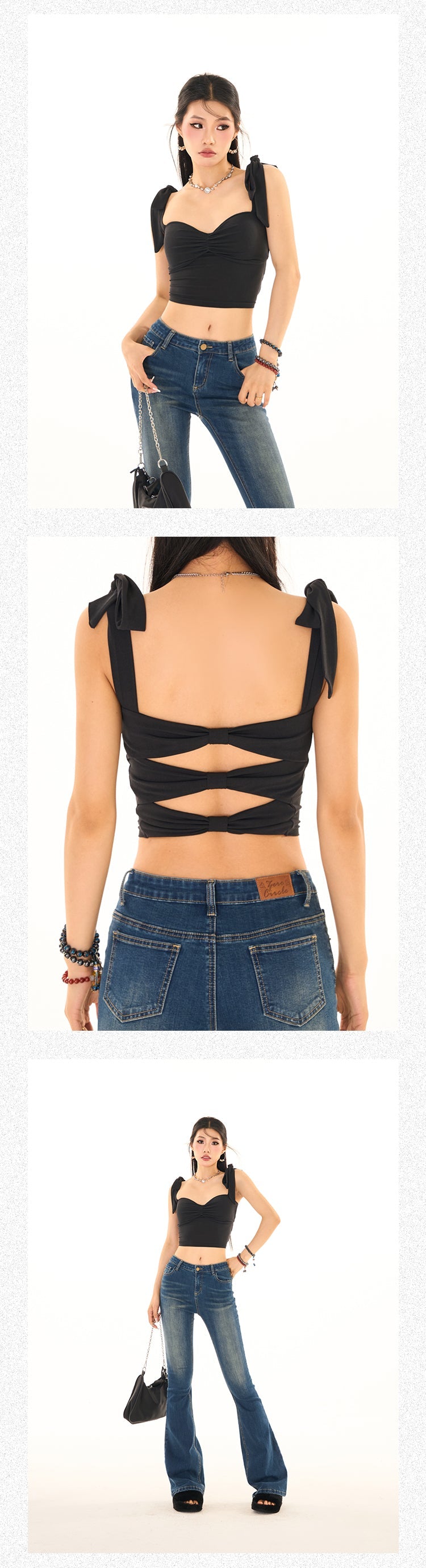 Antmvs Nora Solid Color Black Ribbon Tie Strap Slim Backless Cut Out Design Top