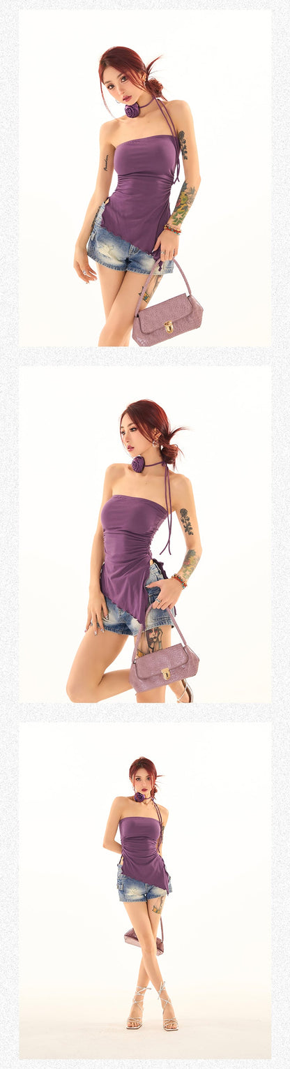 Antmvs Elizabeth Solid Color Asymmetrical Bandeau Sleeveless Flower Necktie Slim Side Slits Top