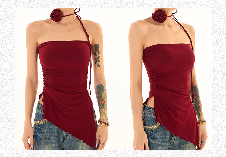 Antmvs Elizabeth Solid Color Asymmetrical Bandeau Sleeveless Flower Necktie Slim Side Slits Top