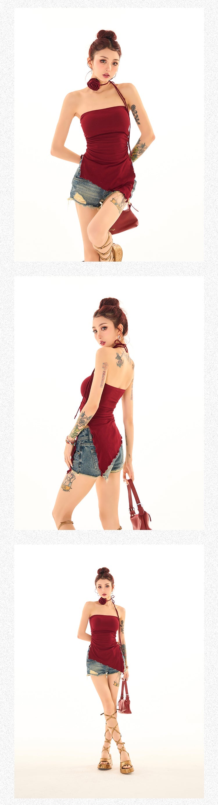 Antmvs Elizabeth Solid Color Asymmetrical Bandeau Sleeveless Flower Necktie Slim Side Slits Top