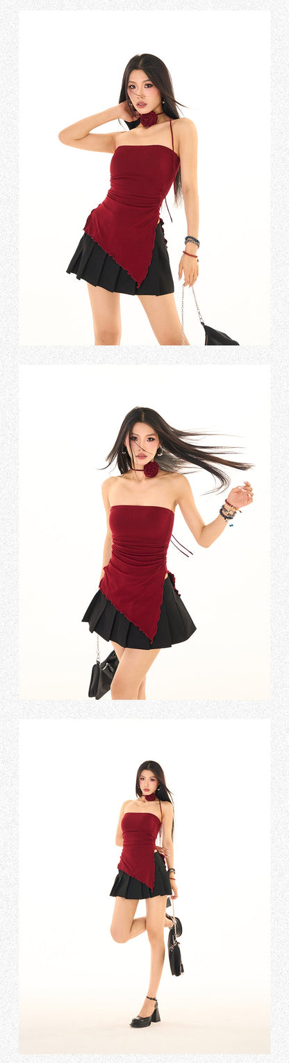 Antmvs Elizabeth Solid Color Asymmetrical Bandeau Sleeveless Flower Necktie Slim Side Slits Top