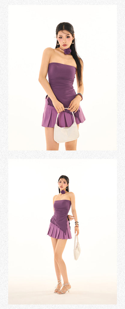 Antmvs Elizabeth Solid Color Asymmetrical Bandeau Sleeveless Flower Necktie Slim Side Slits Top