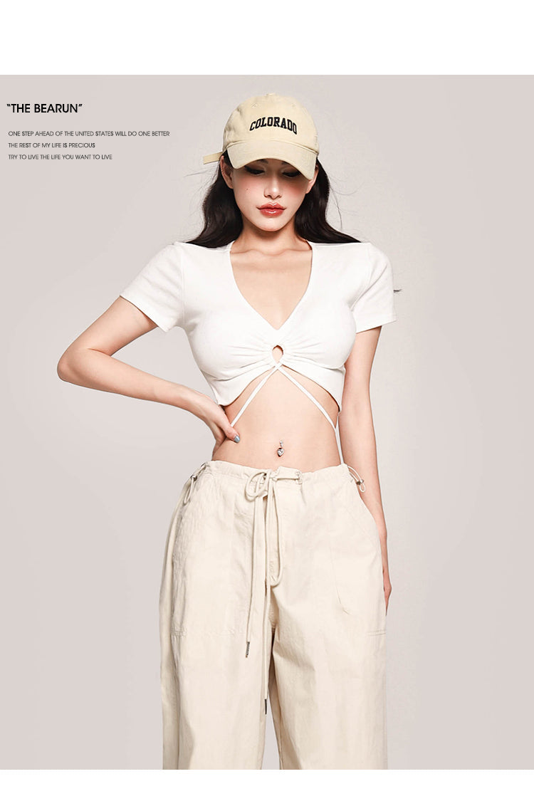 Antmvs Janet Solid Color V-Neck Slim Short Sleeve Waist Rope Strap Cropped Topp