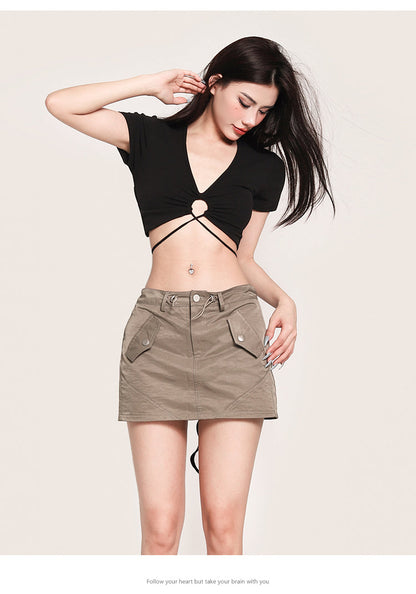 Antmvs Janet Solid Color V-Neck Slim Short Sleeve Waist Rope Strap Cropped Topp