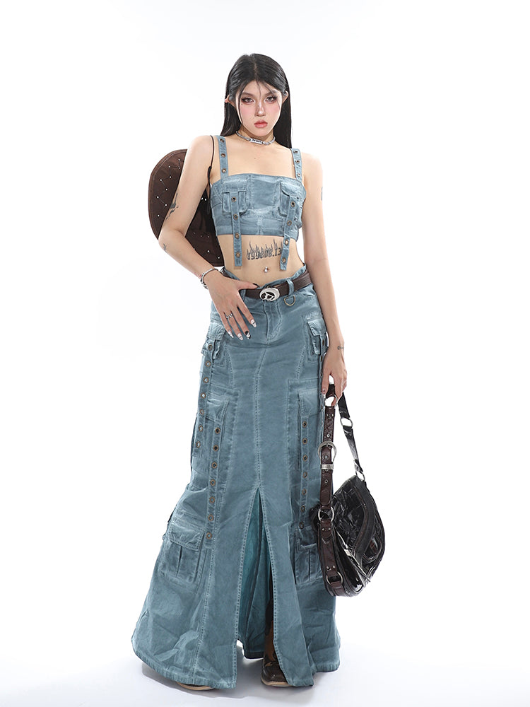 Antmvs Avery Gothic Denim Washed Solid Color Multi-Pocket Spaghetti Strap Cropped Top + Denim Washed Solid Color Multi-Pocket High Waist A-Line Long Skirt Matching Set