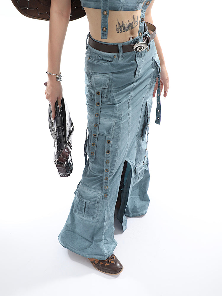 Antmvs Avery Gothic Denim Washed Solid Color Multi-Pocket Spaghetti Strap Cropped Top + Denim Washed Solid Color Multi-Pocket High Waist A-Line Long Skirt Matching Set