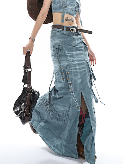 Antmvs Avery Gothic Denim Washed Solid Color Multi-Pocket Spaghetti Strap Cropped Top + Denim Washed Solid Color Multi-Pocket High Waist A-Line Long Skirt Matching Set