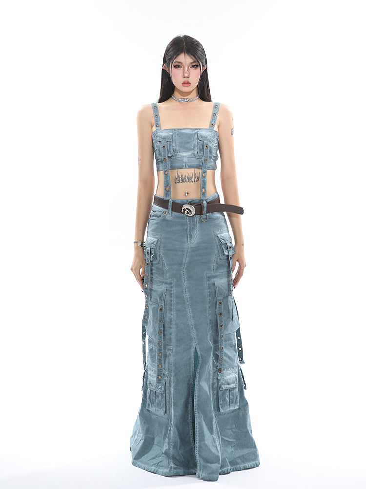 Antmvs Avery Gothic Denim Washed Solid Color Multi-Pocket Spaghetti Strap Cropped Top + Denim Washed Solid Color Multi-Pocket High Waist A-Line Long Skirt Matching Set