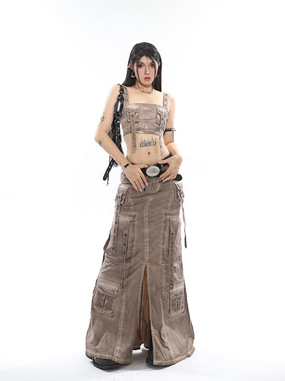 Antmvs Avery Gothic Denim Washed Solid Color Multi-Pocket Spaghetti Strap Cropped Top + Denim Washed Solid Color Multi-Pocket High Waist A-Line Long Skirt Matching Set